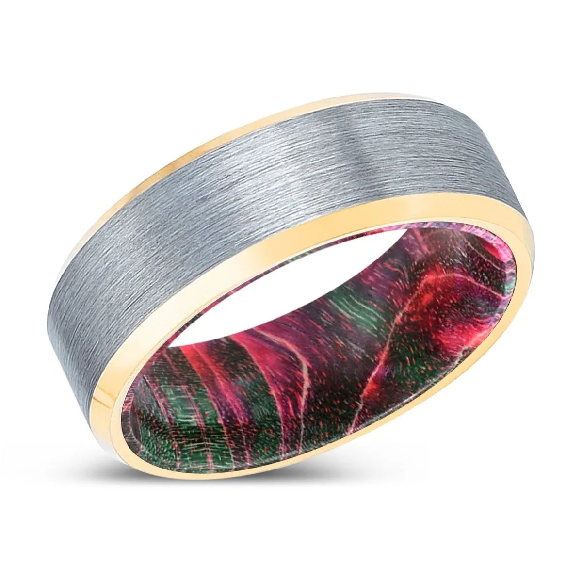 PINESTALK | Green & Red Wood, Brushed, Silver Tungsten Ring, Gold Beveled Edges
