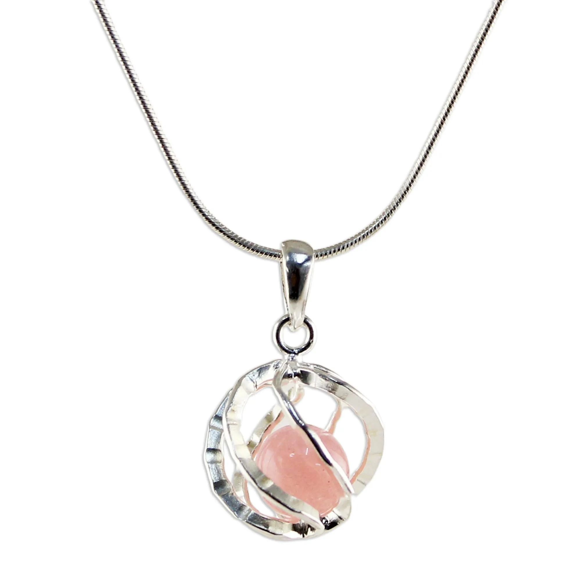 Pink Orb of Energy Quartz Silver Necklace
