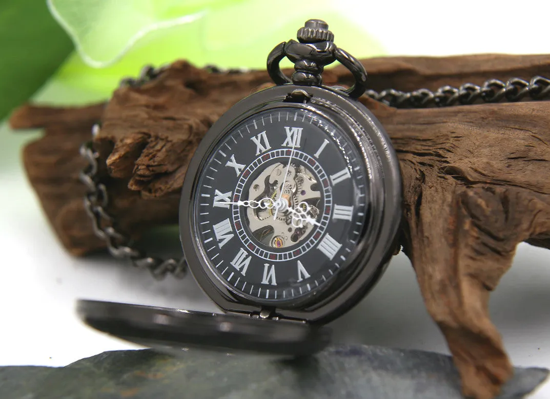 Premium Antique Black Mechanical Pocket Watch Men With Chains Wind Up Watch MPM030