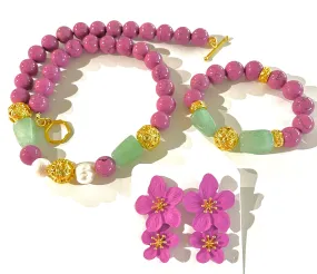 Purple Turquoise, Green Aventurine and Freshwater Pearl Gemstone Statement Necklace, Bracelet, Earrings Set