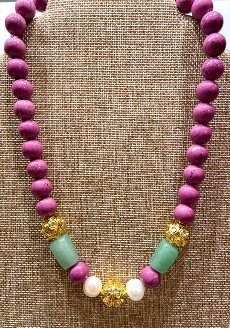 Purple Turquoise, Green Aventurine and Freshwater Pearl Gemstone Statement Necklace, Bracelet, Earrings Set