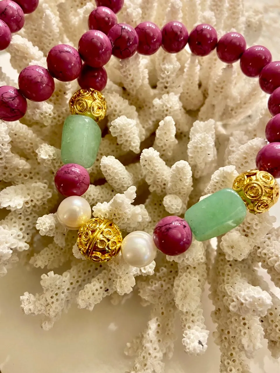 Purple Turquoise, Green Aventurine and Freshwater Pearl Gemstone Statement Necklace, Bracelet, Earrings Set
