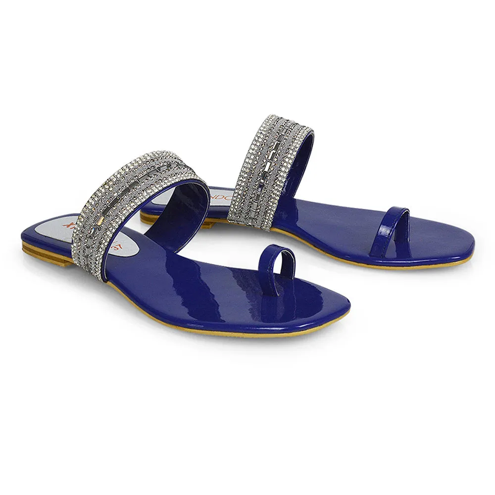 Rogan Strappy Slip on Toe Post Ring Diamante Flat Sandal Sliders in Silver