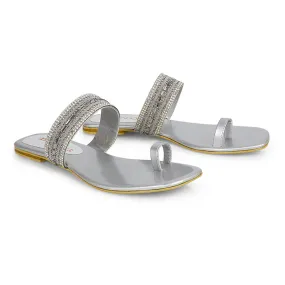 Rogan Strappy Slip on Toe Post Ring Diamante Flat Sandal Sliders in Silver