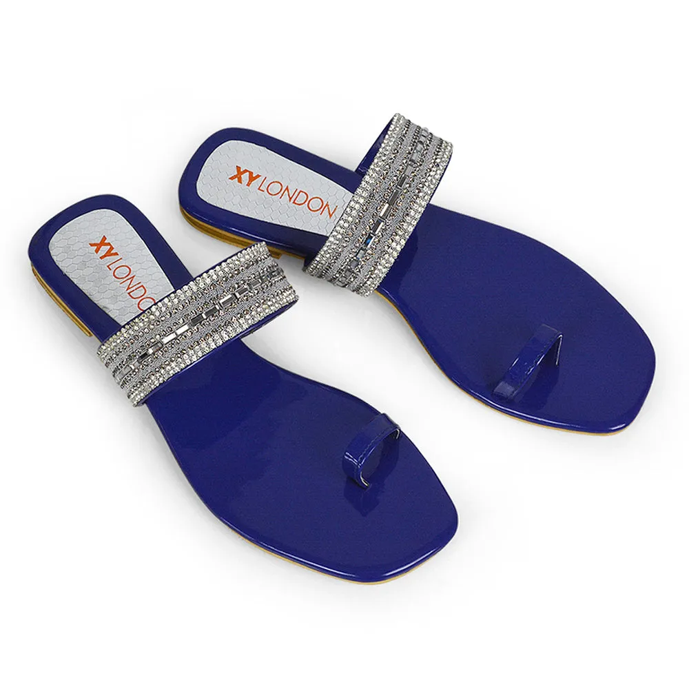 Rogan Strappy Slip on Toe Post Ring Diamante Flat Sandal Sliders in Silver