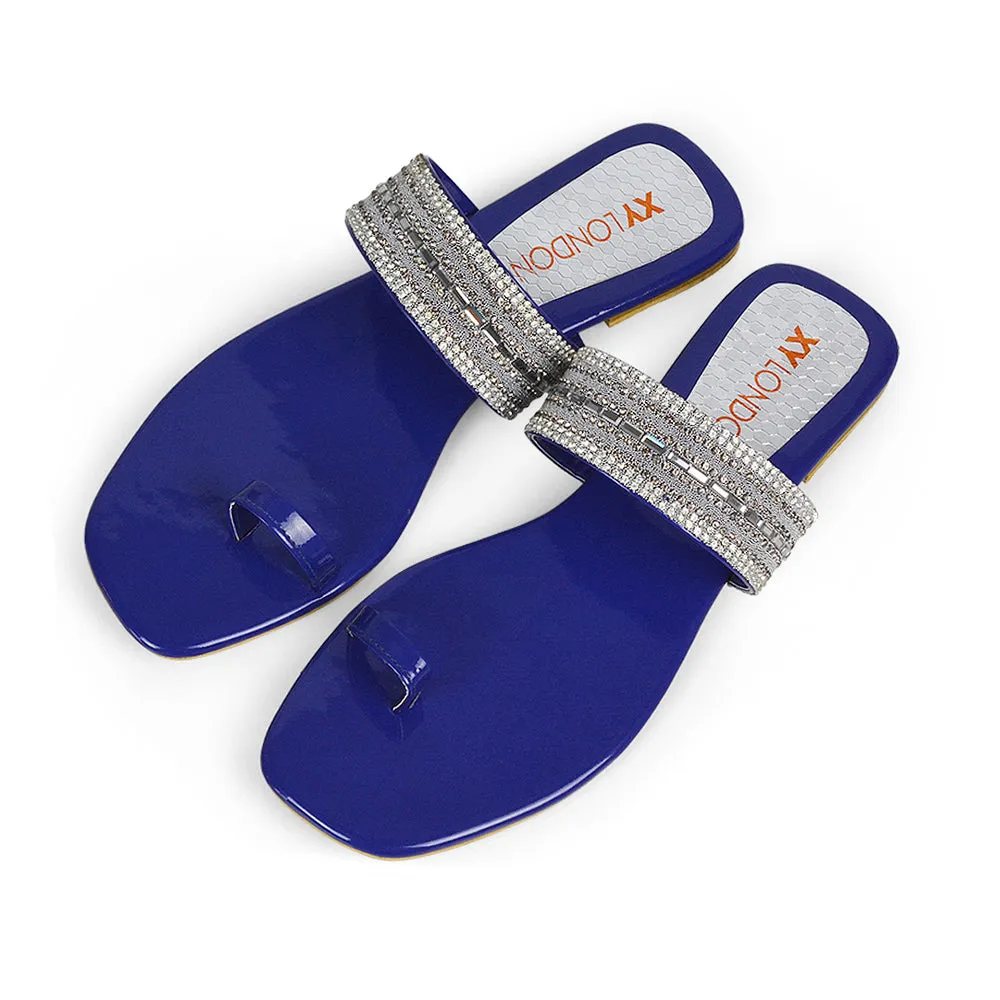 Rogan Strappy Slip on Toe Post Ring Diamante Flat Sandal Sliders in Silver
