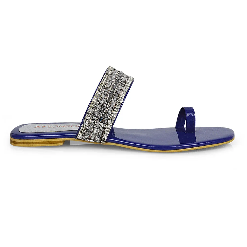 Rogan Strappy Slip on Toe Post Ring Diamante Flat Sandal Sliders in Silver
