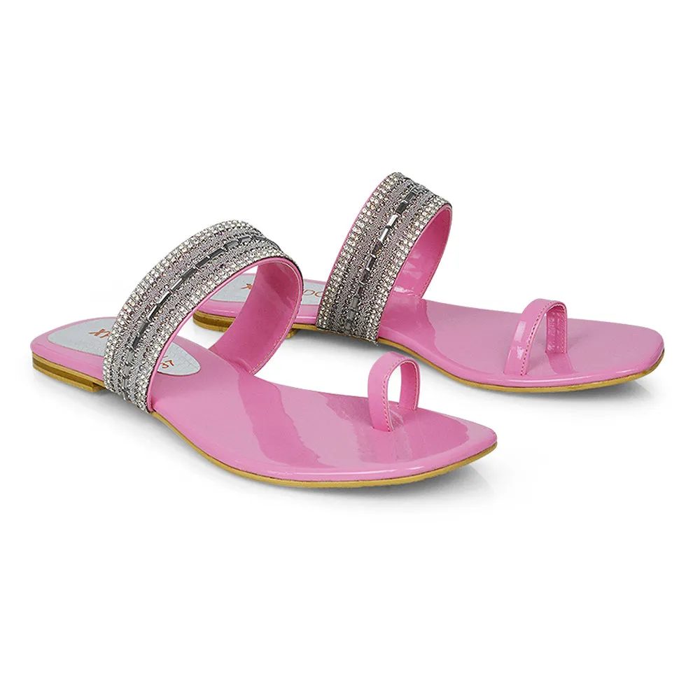 Rogan Strappy Slip on Toe Post Ring Diamante Flat Sandal Sliders in Silver