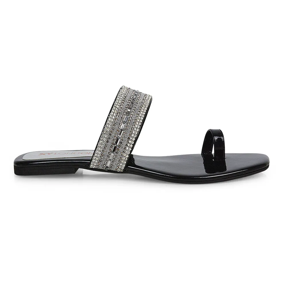 Rogan Strappy Slip on Toe Post Ring Diamante Flat Sandal Sliders in Silver