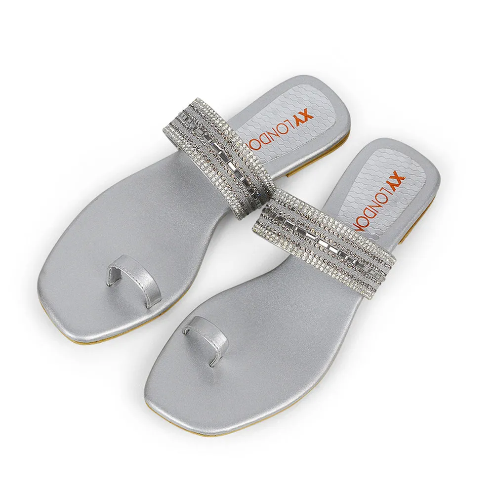 Rogan Strappy Slip on Toe Post Ring Diamante Flat Sandal Sliders in Silver