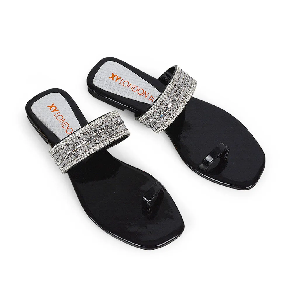 Rogan Strappy Slip on Toe Post Ring Diamante Flat Sandal Sliders in Silver