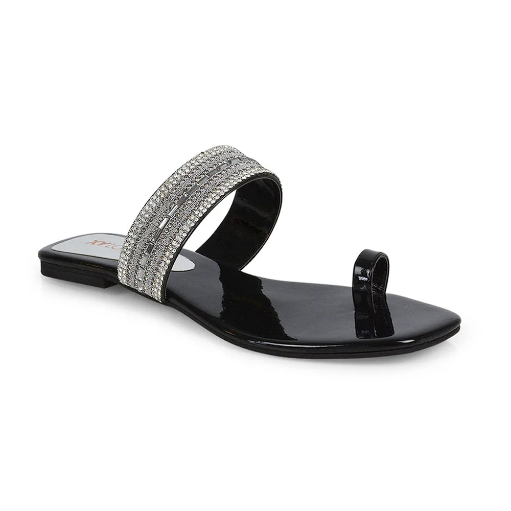 Rogan Strappy Slip on Toe Post Ring Diamante Flat Sandal Sliders in Silver