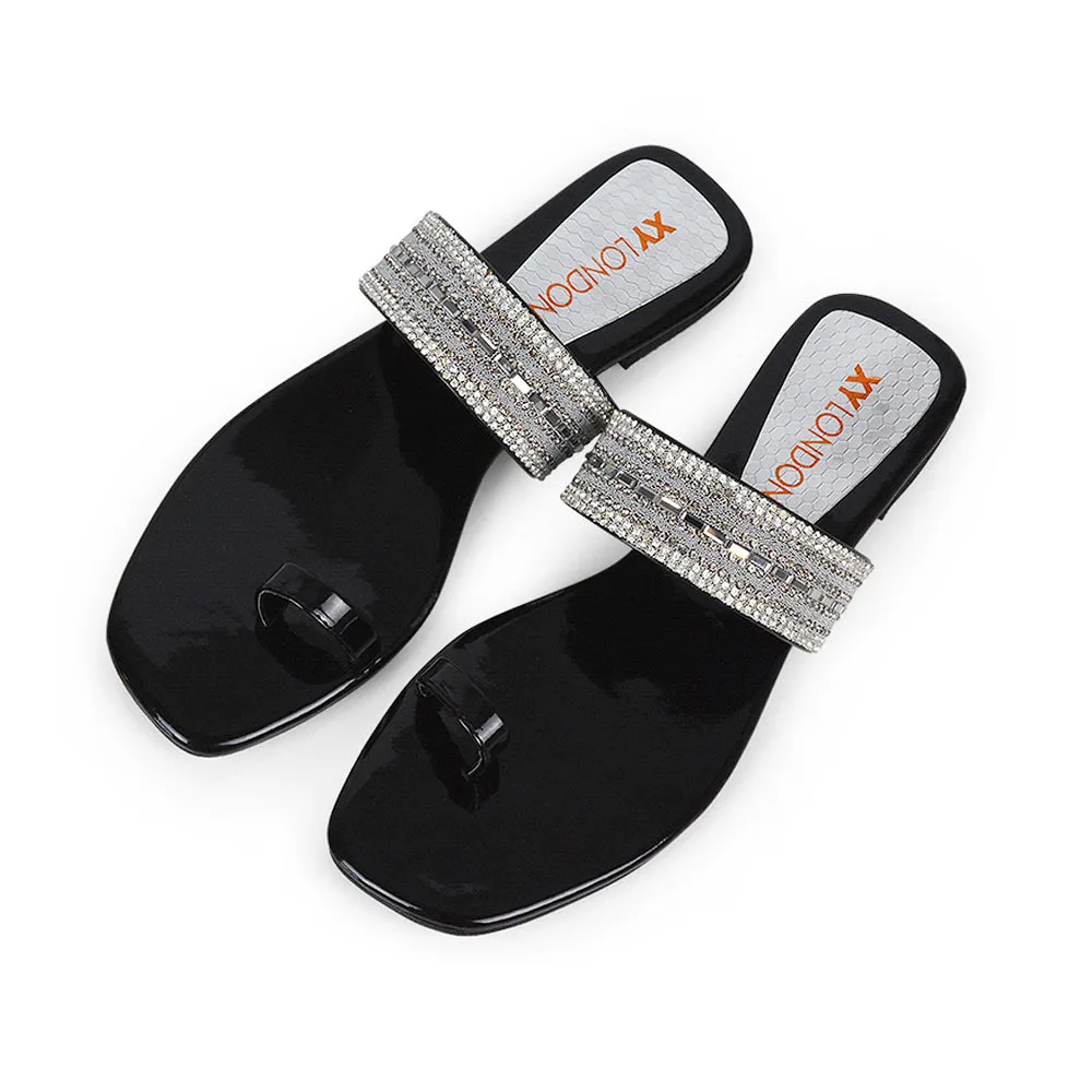 Rogan Strappy Slip on Toe Post Ring Diamante Flat Sandal Sliders in Silver