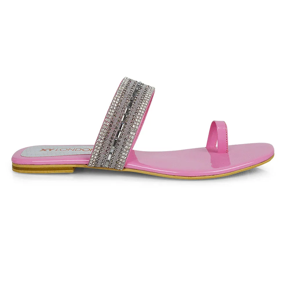 Rogan Strappy Slip on Toe Post Ring Diamante Flat Sandal Sliders in Silver