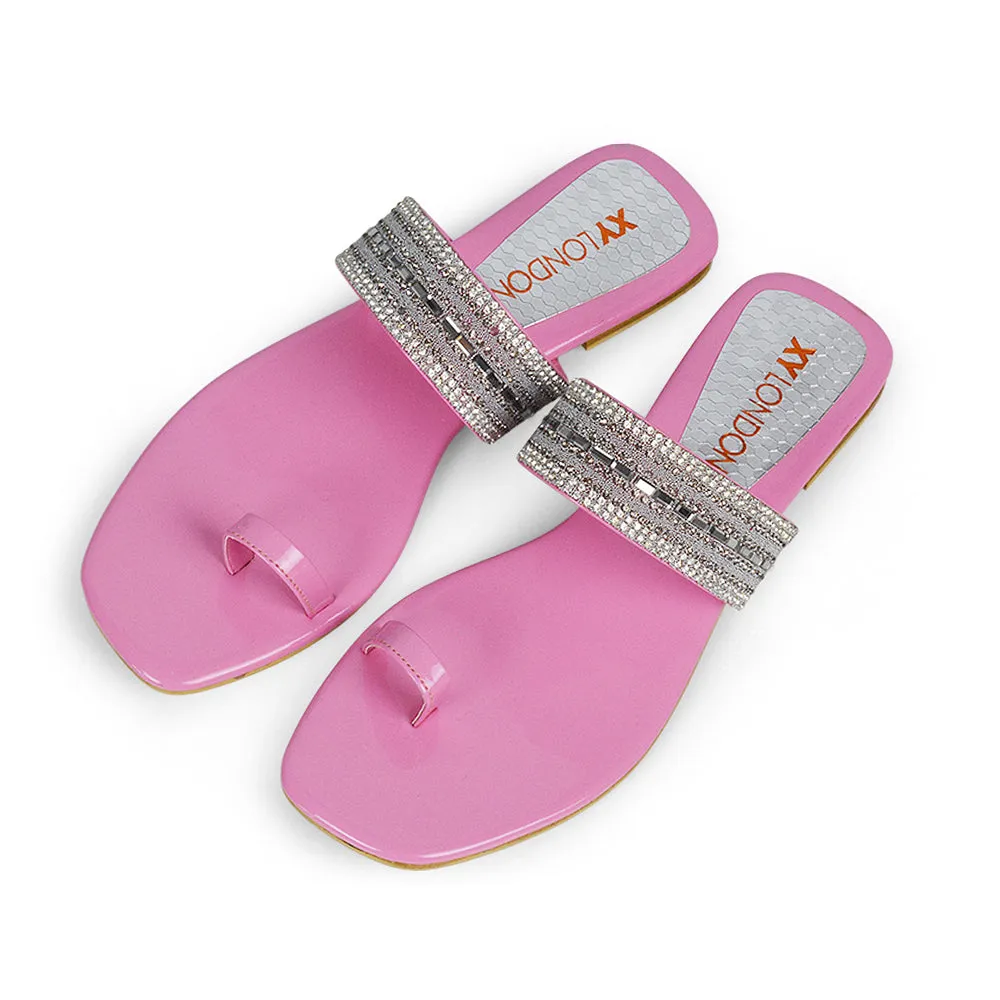 Rogan Strappy Slip on Toe Post Ring Diamante Flat Sandal Sliders in Silver