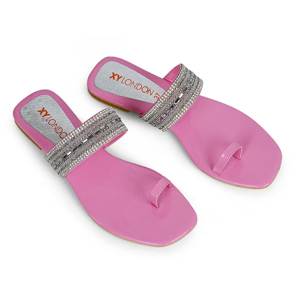 Rogan Strappy Slip on Toe Post Ring Diamante Flat Sandal Sliders in Silver
