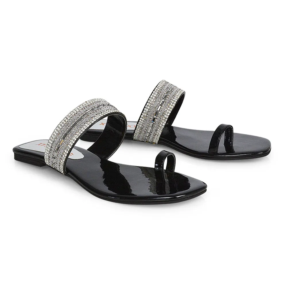 Rogan Strappy Slip on Toe Post Ring Diamante Flat Sandal Sliders in Silver