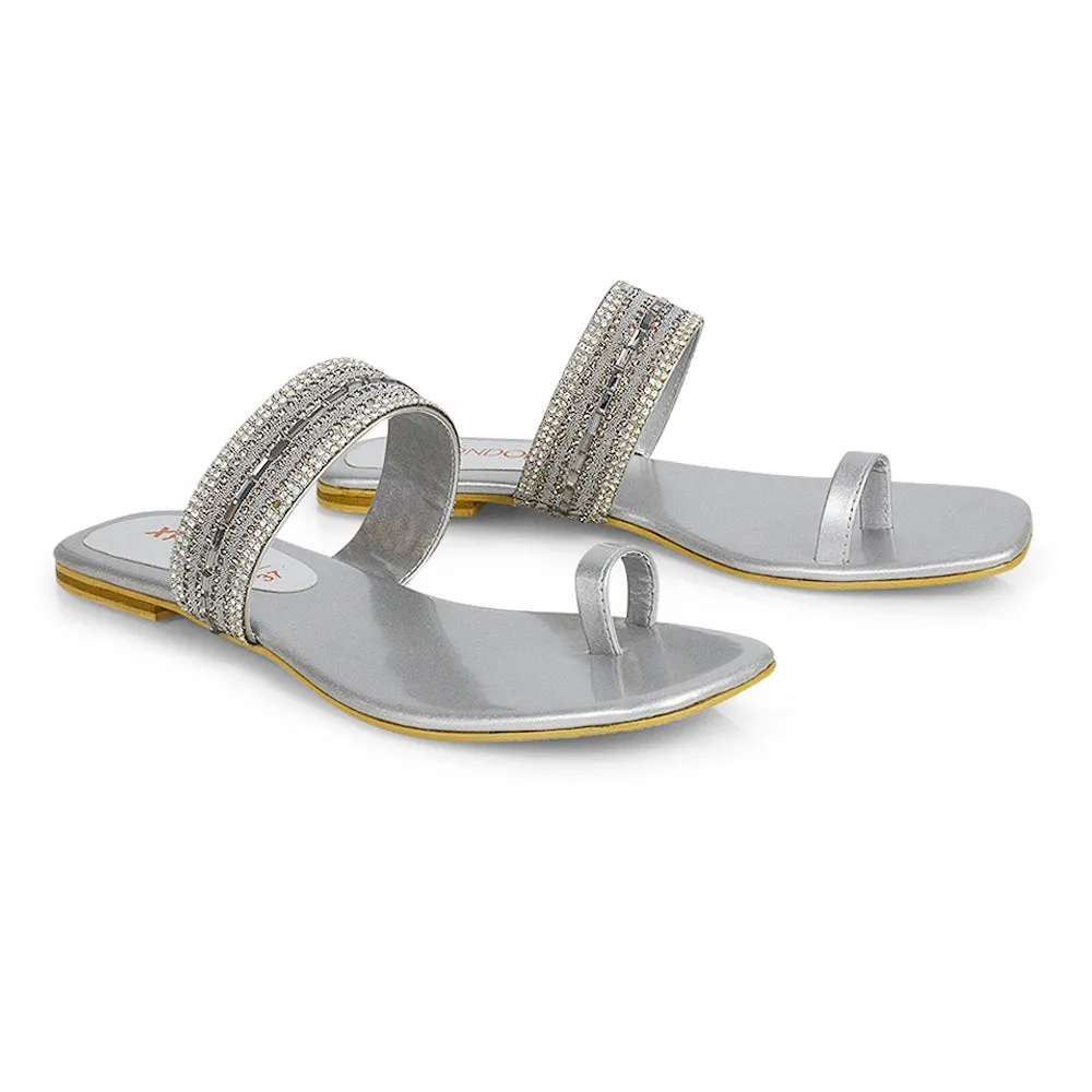 Rogan Strappy Slip on Toe Post Ring Diamante Flat Sandal Sliders in Silver