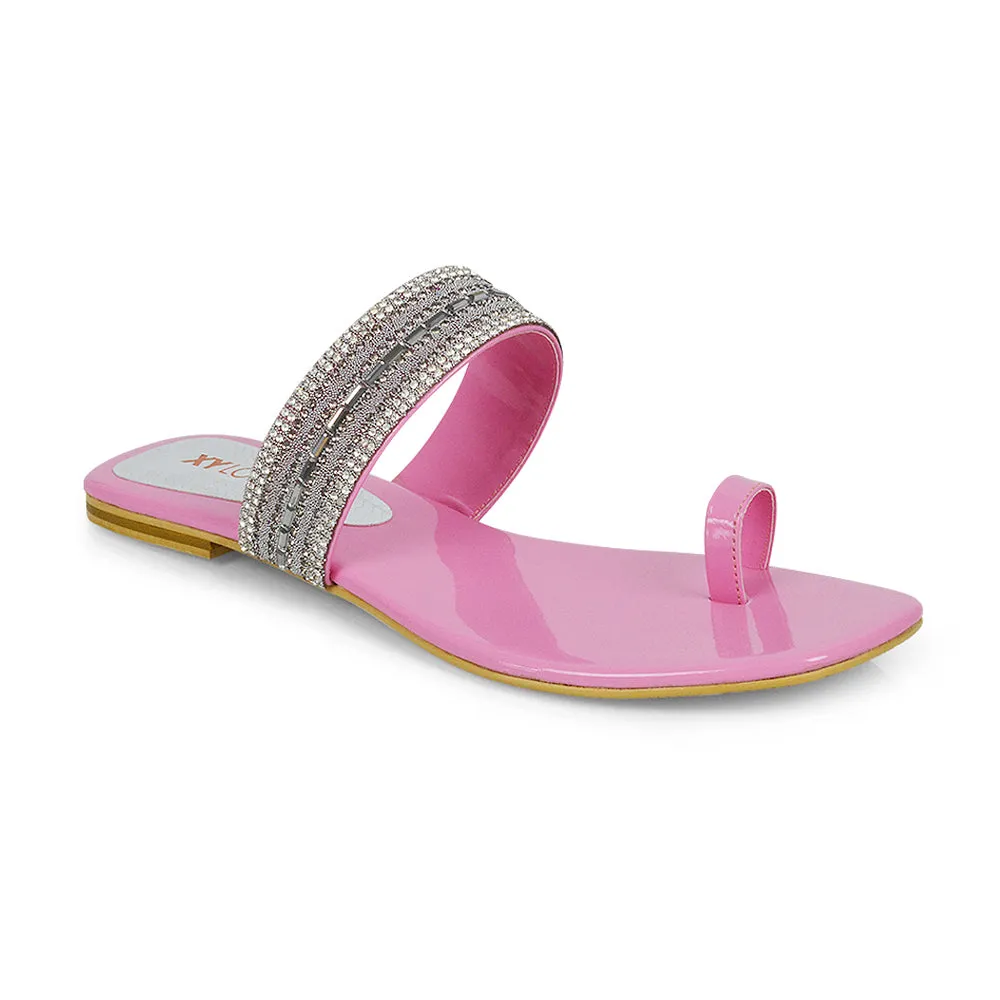 Rogan Strappy Slip on Toe Post Ring Diamante Flat Sandal Sliders in Silver