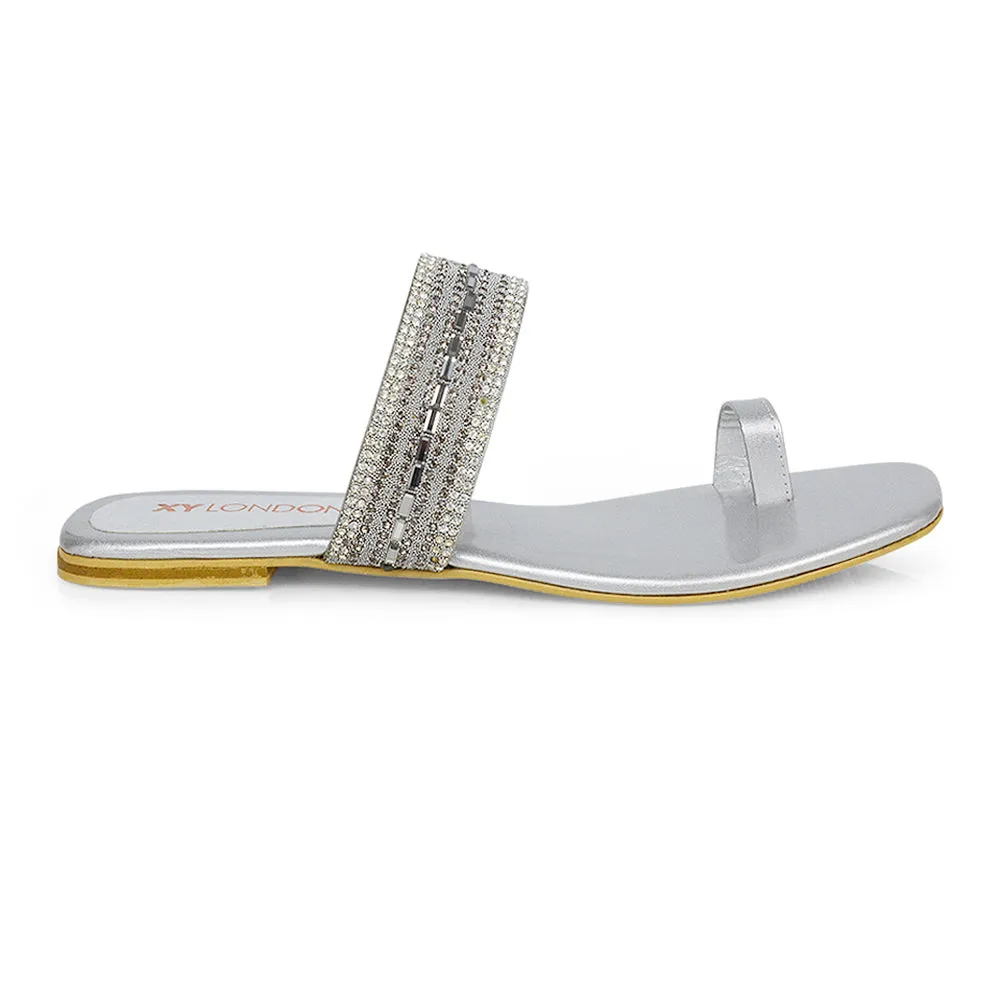 Rogan Strappy Slip on Toe Post Ring Diamante Flat Sandal Sliders in Silver