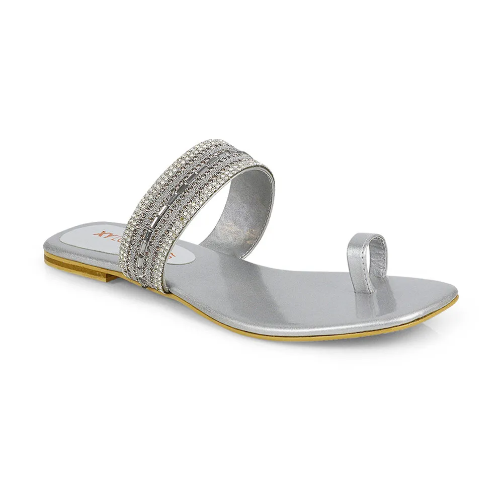 Rogan Strappy Slip on Toe Post Ring Diamante Flat Sandal Sliders in Silver