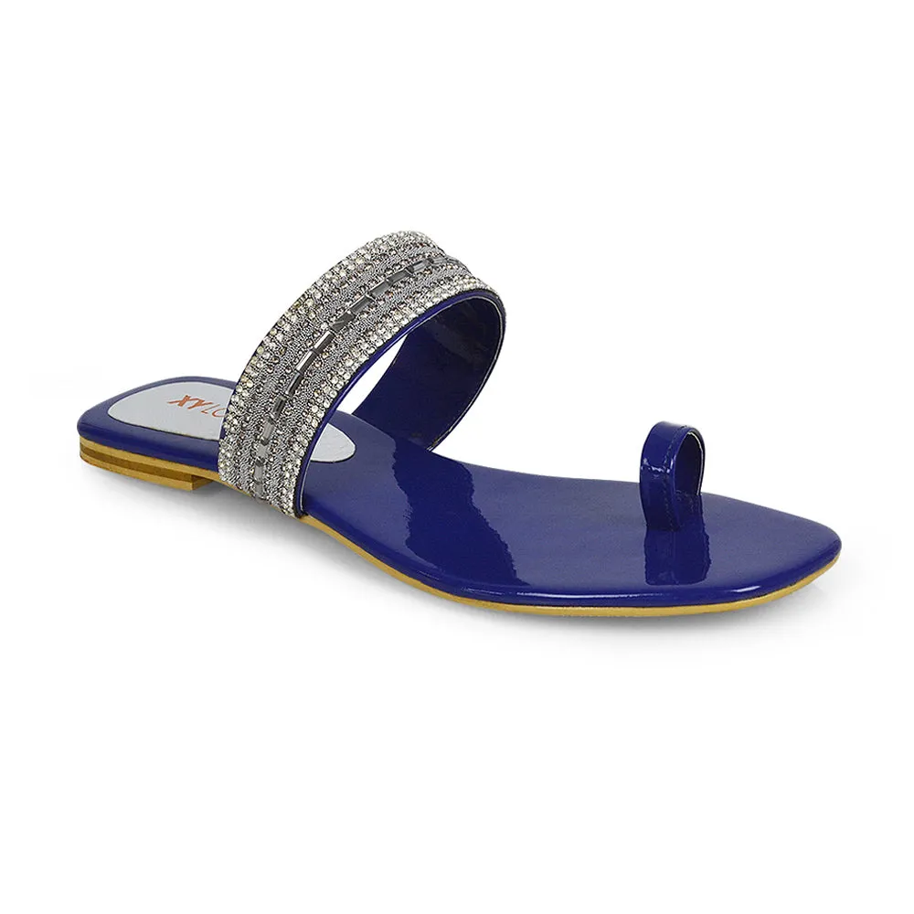 Rogan Strappy Slip on Toe Post Ring Diamante Flat Sandal Sliders in Silver