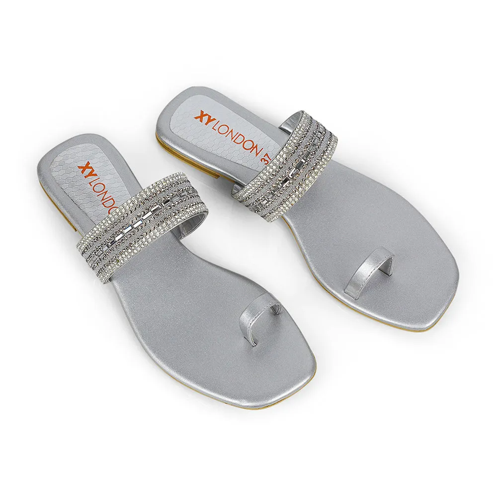 Rogan Strappy Slip on Toe Post Ring Diamante Flat Sandal Sliders in Silver