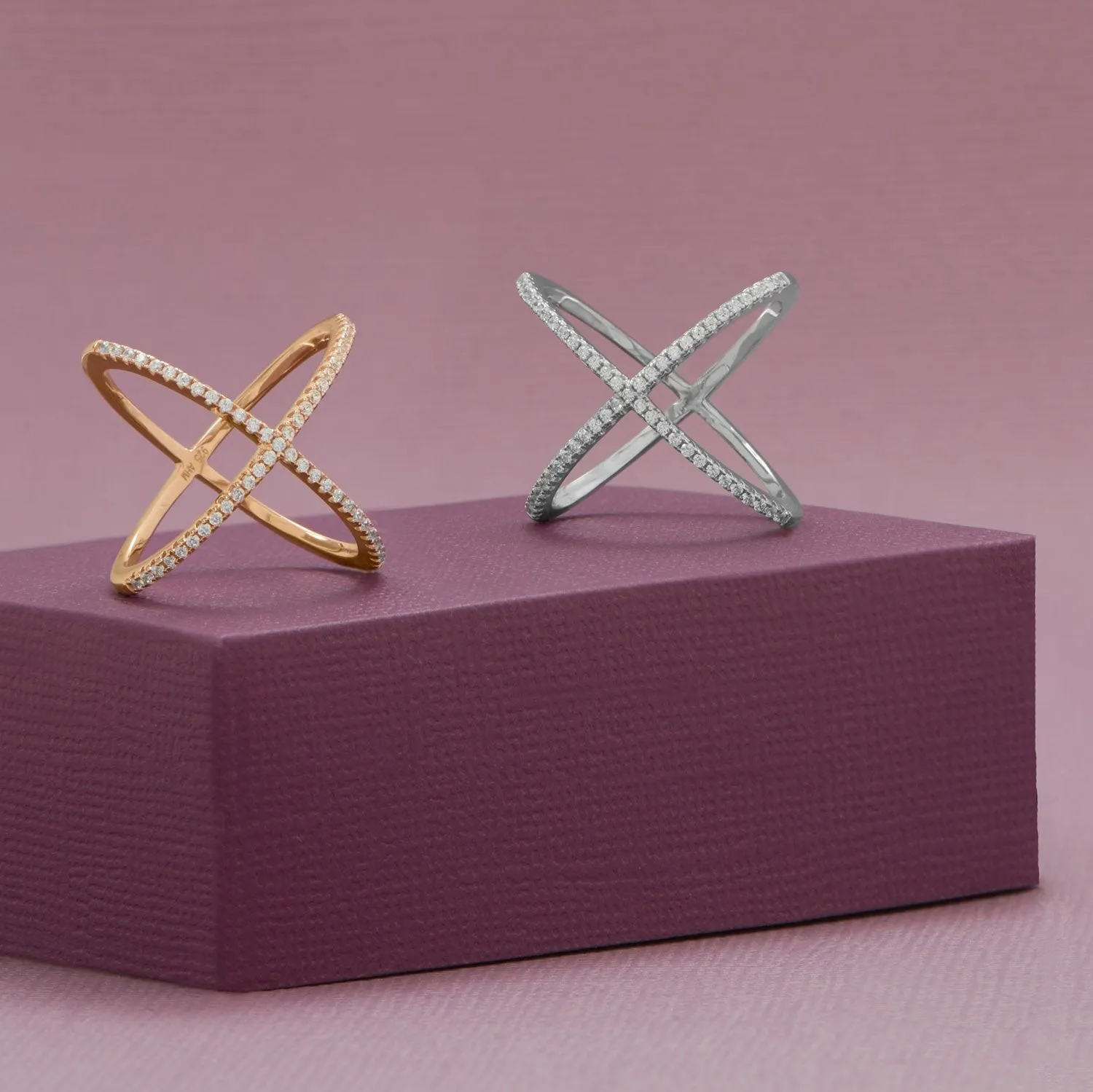 Rose Gold Plated Criss Cross X Ring with Signity CZs