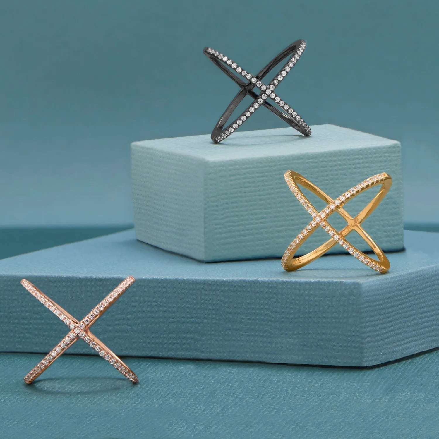 Rose Gold Plated Criss Cross X Ring with Signity CZs