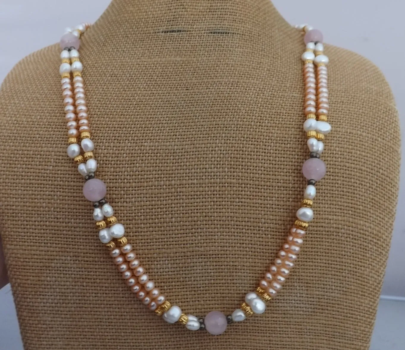 Rose Quartz, Peach & White Pearl Bead Necklace