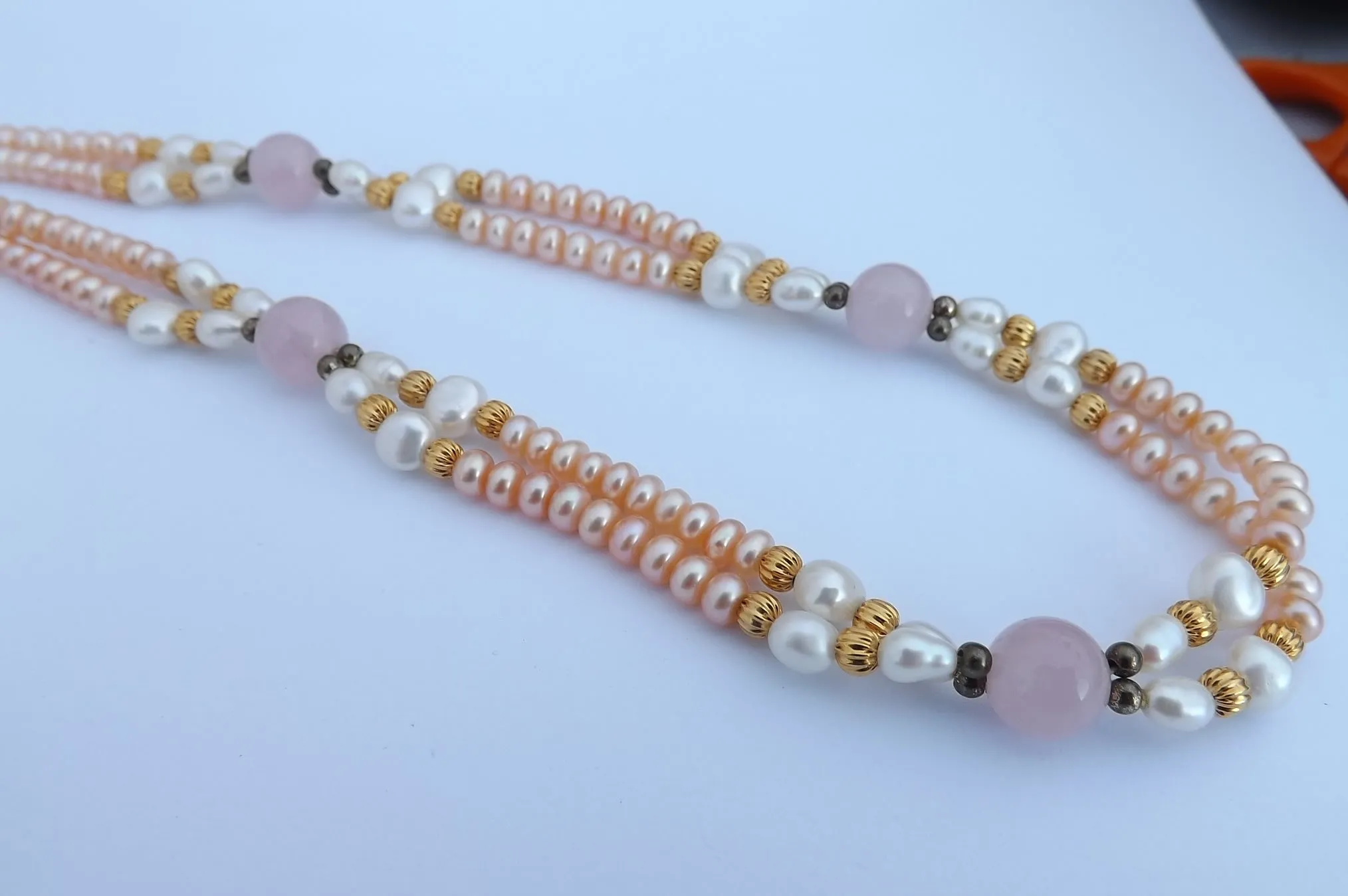 Rose Quartz, Peach & White Pearl Bead Necklace
