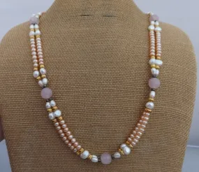 Rose Quartz, Peach & White Pearl Bead Necklace