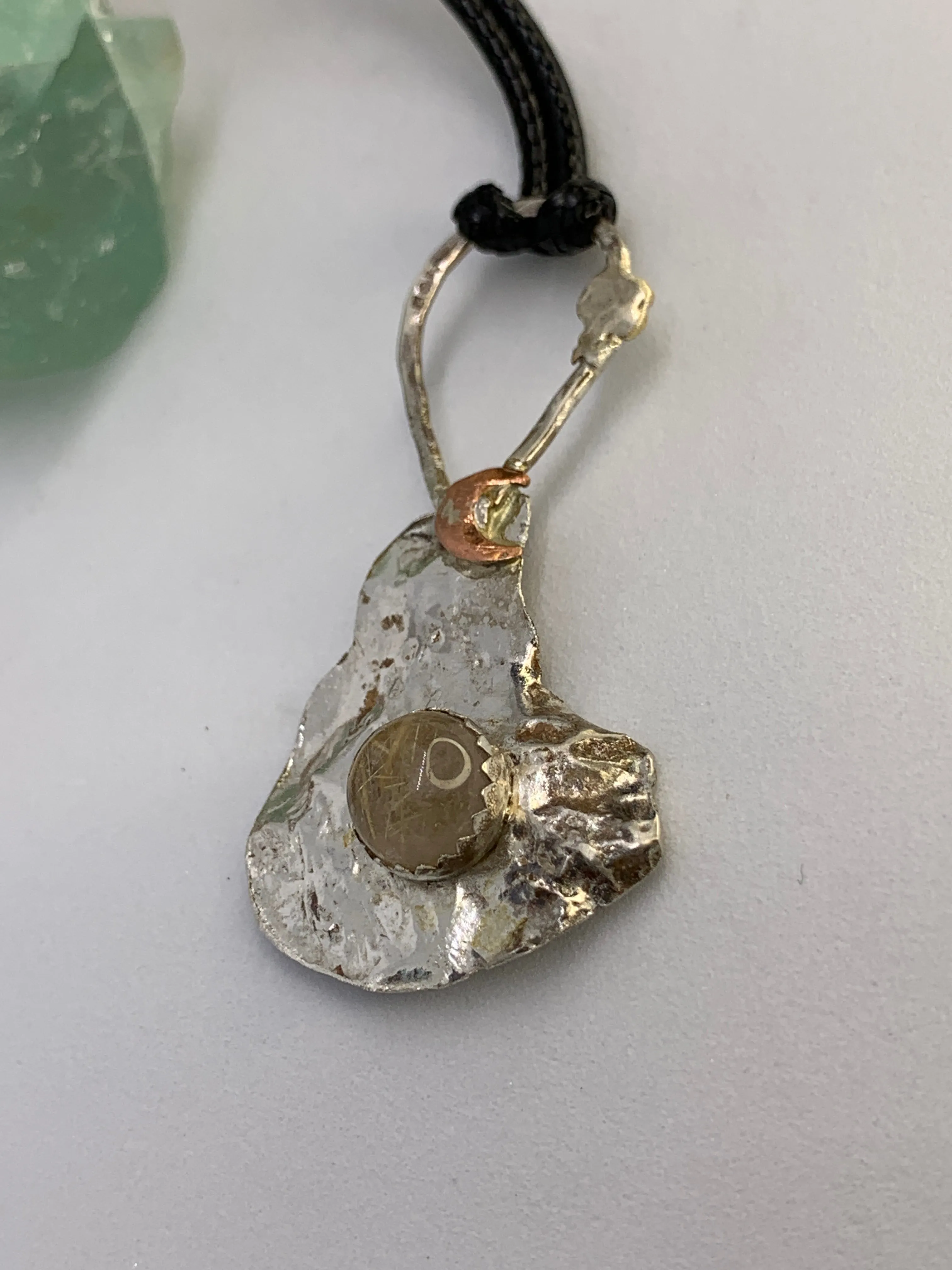 Rutilated Quartz Crystal Sterling Silver Abstract Pendant Crescent Moon Design