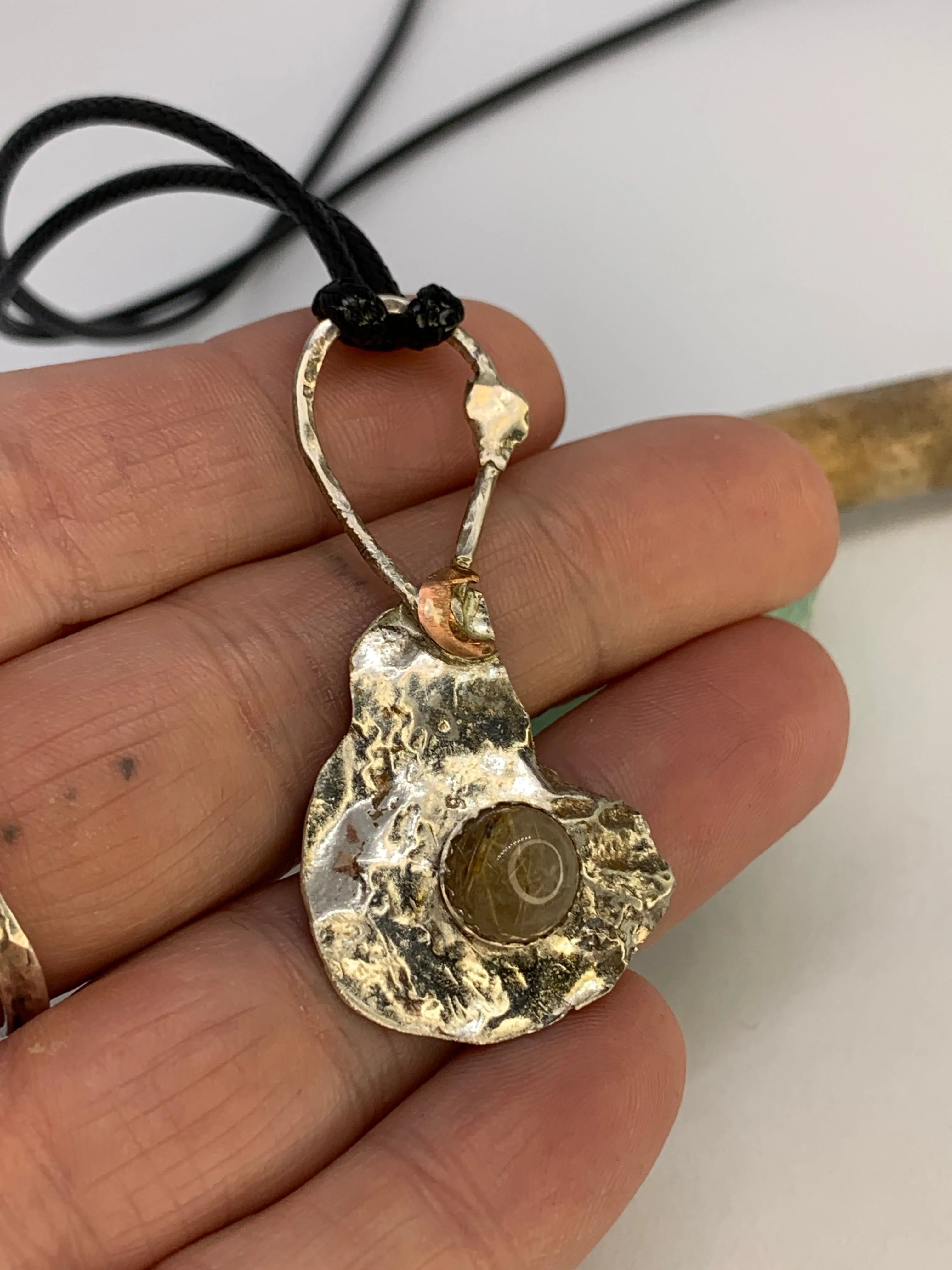Rutilated Quartz Crystal Sterling Silver Abstract Pendant Crescent Moon Design