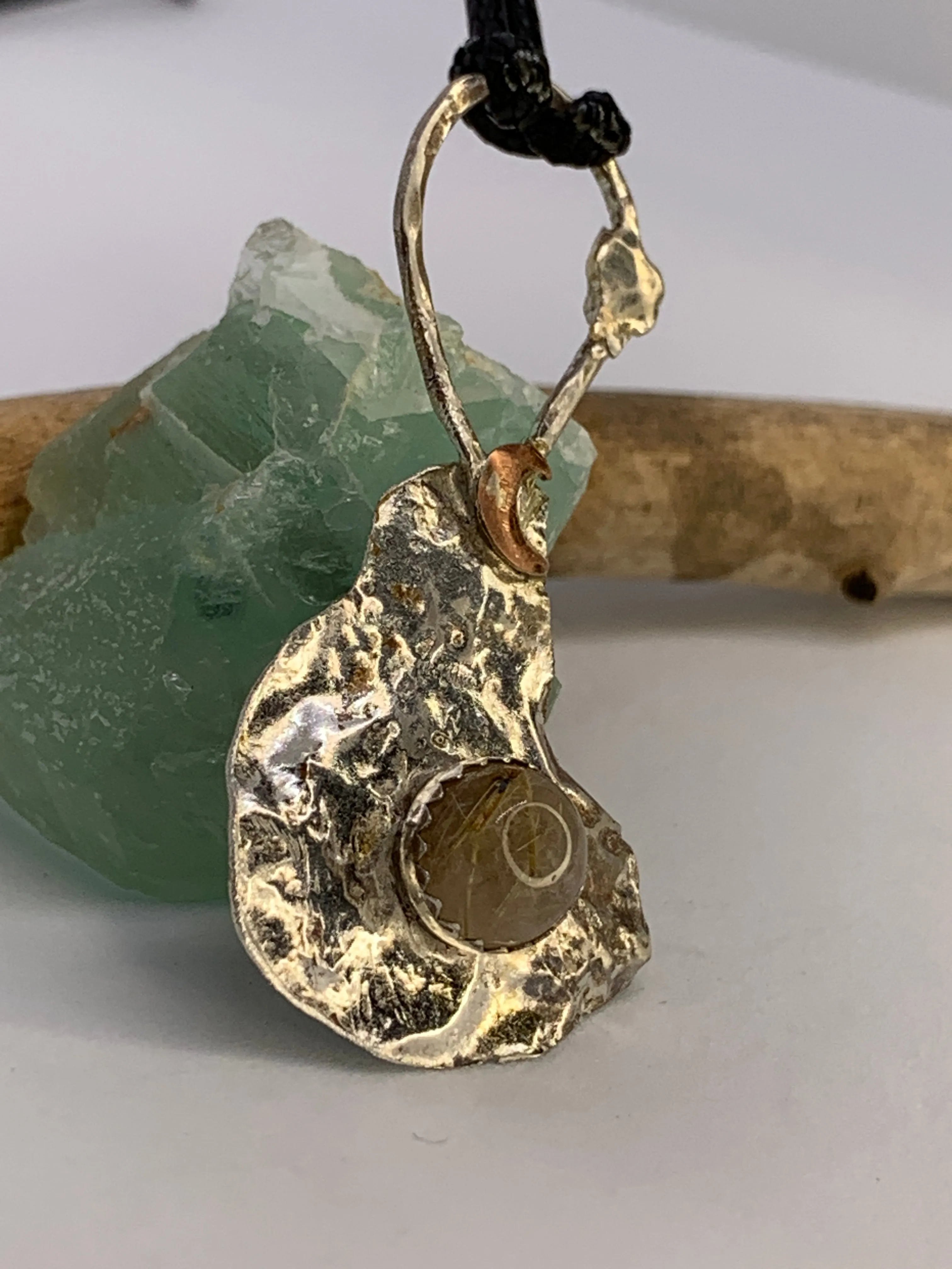 Rutilated Quartz Crystal Sterling Silver Abstract Pendant Crescent Moon Design