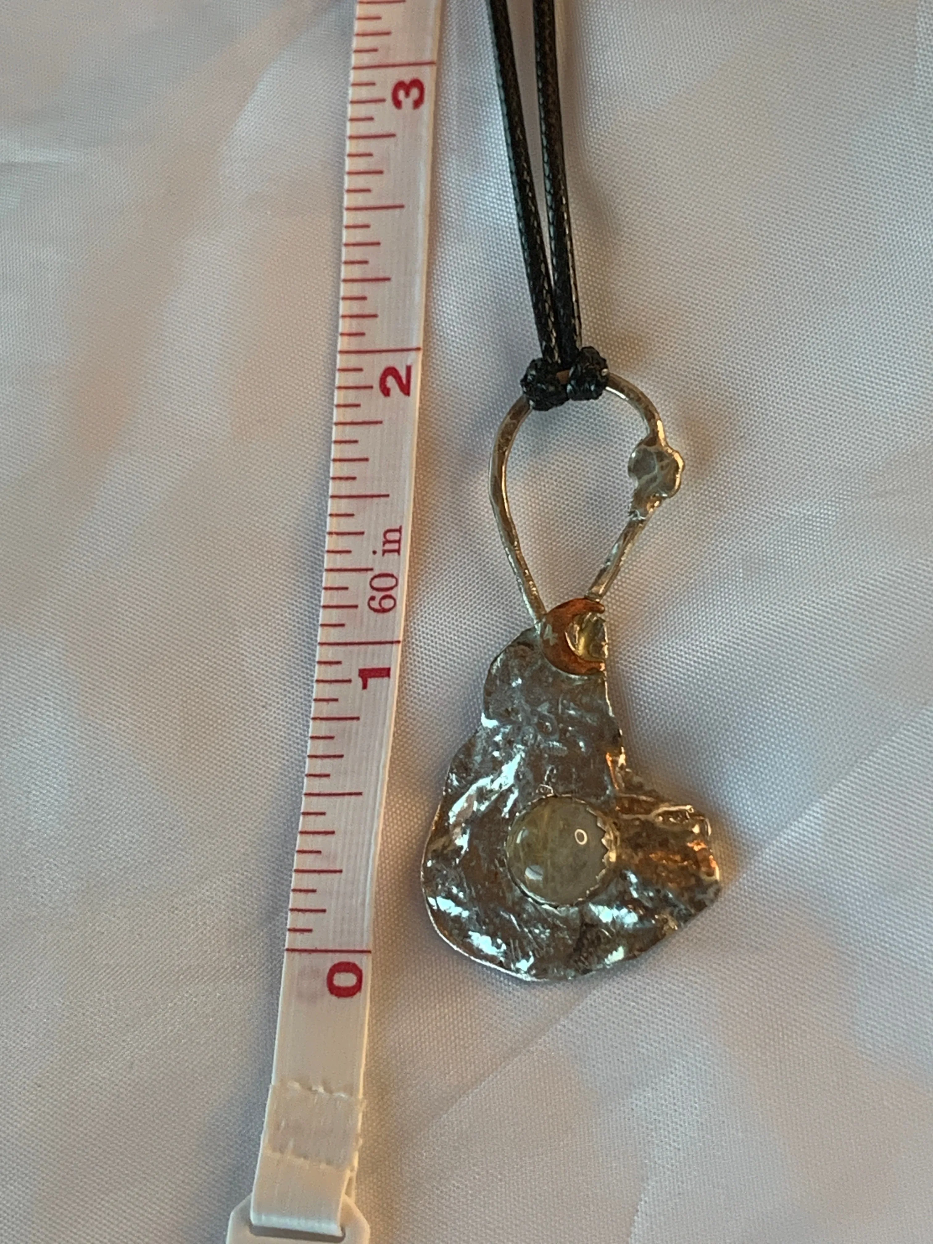 Rutilated Quartz Crystal Sterling Silver Abstract Pendant Crescent Moon Design