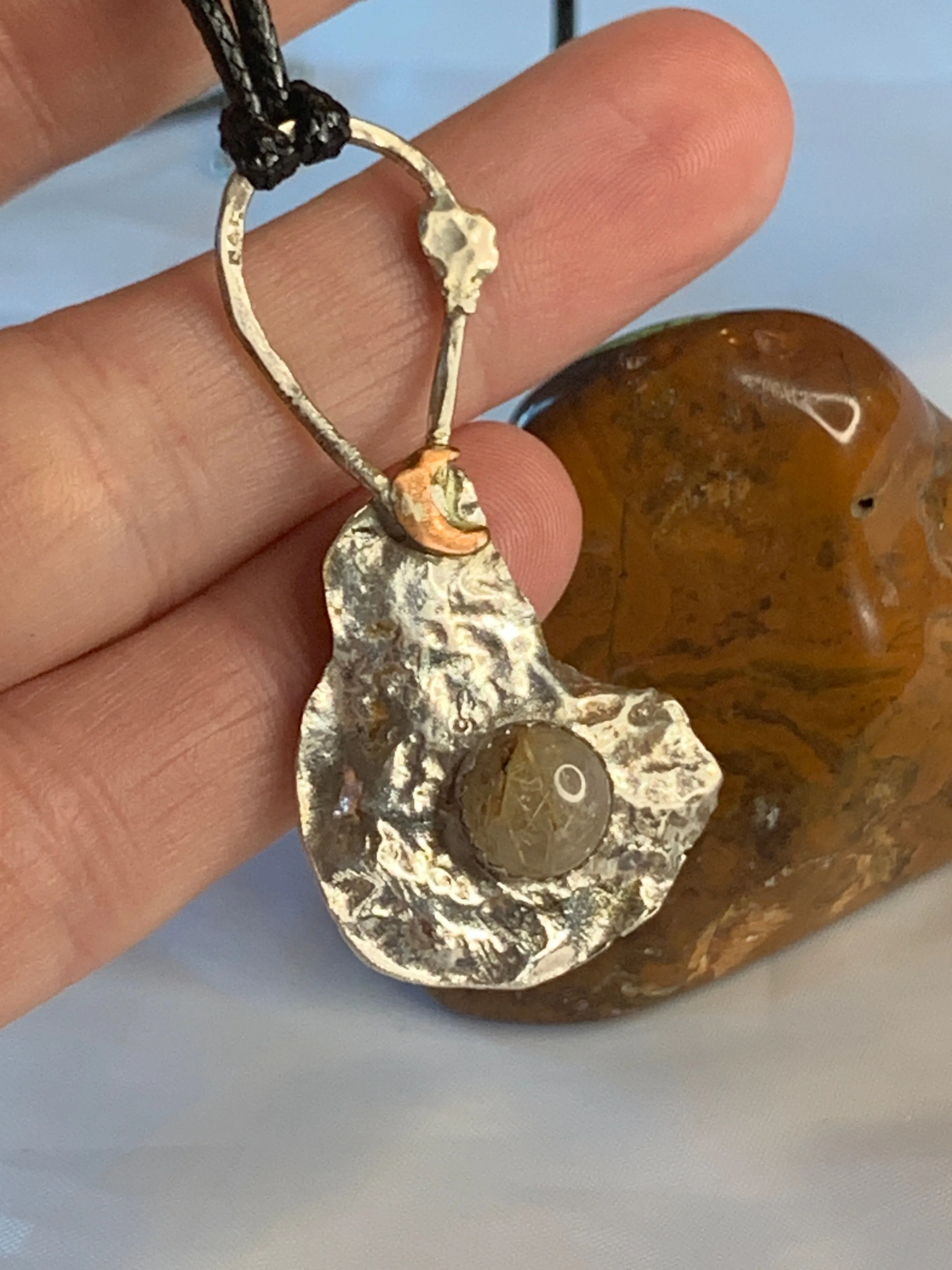 Rutilated Quartz Crystal Sterling Silver Abstract Pendant Crescent Moon Design