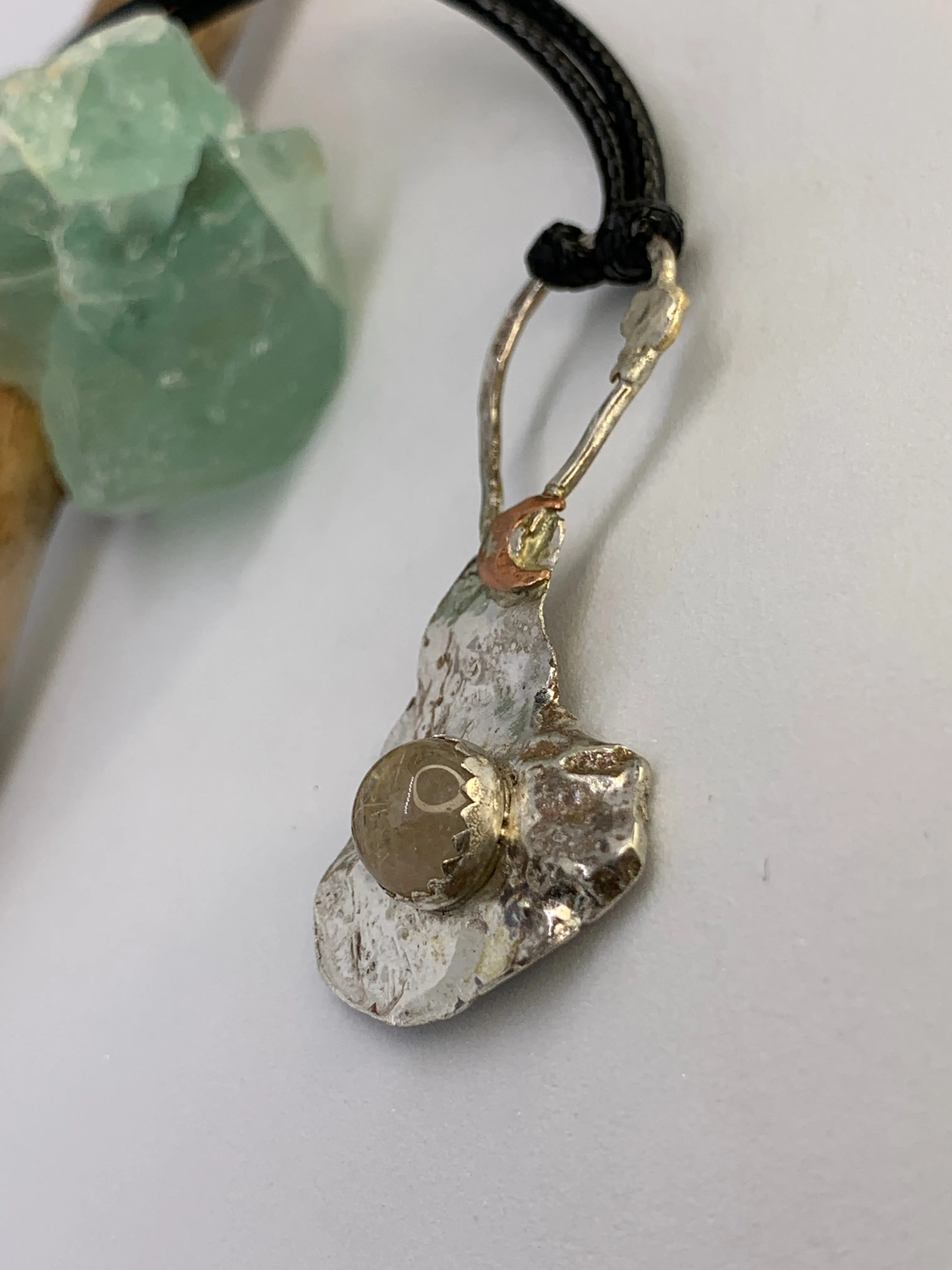 Rutilated Quartz Crystal Sterling Silver Abstract Pendant Crescent Moon Design
