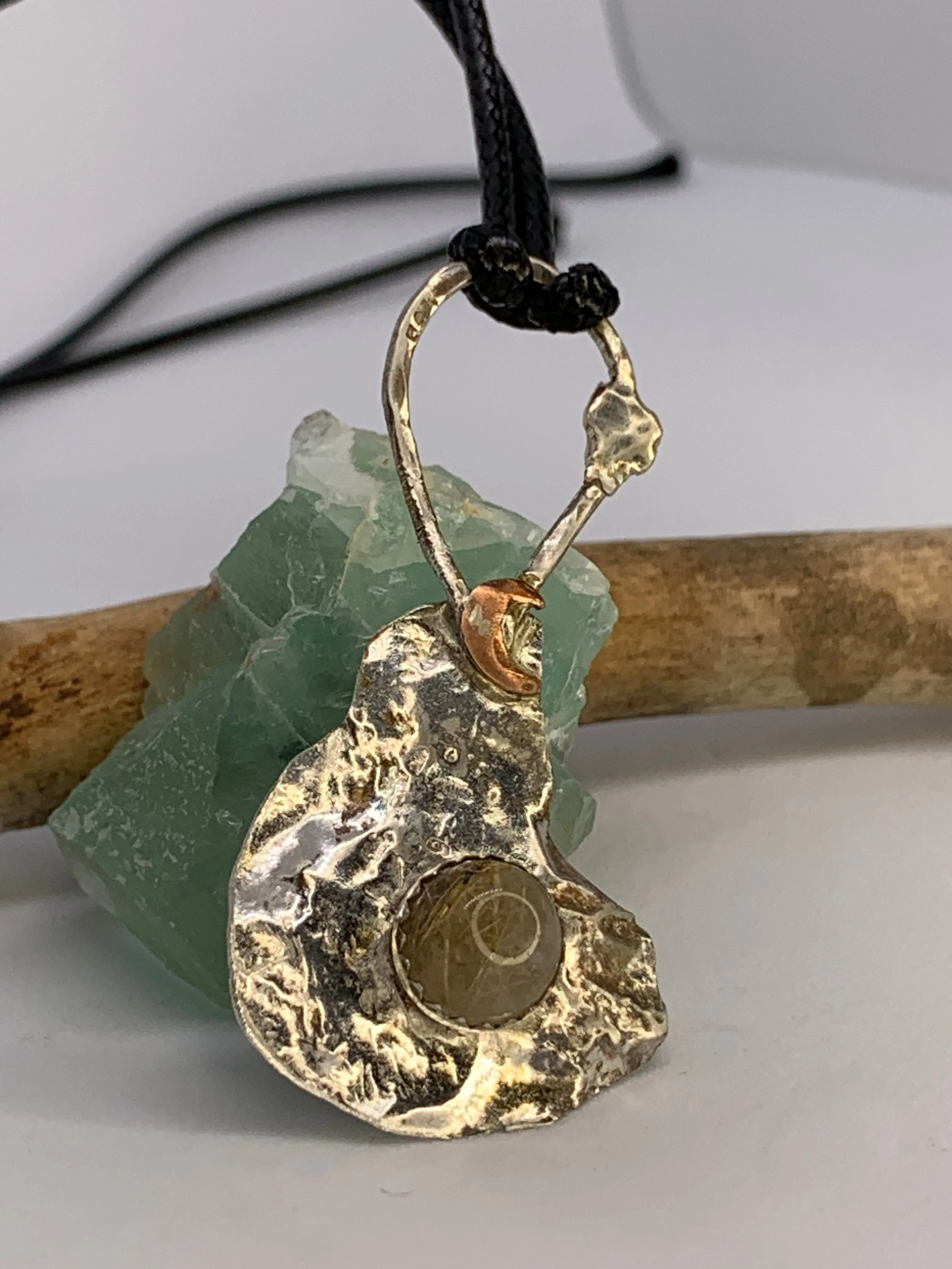 Rutilated Quartz Crystal Sterling Silver Abstract Pendant Crescent Moon Design