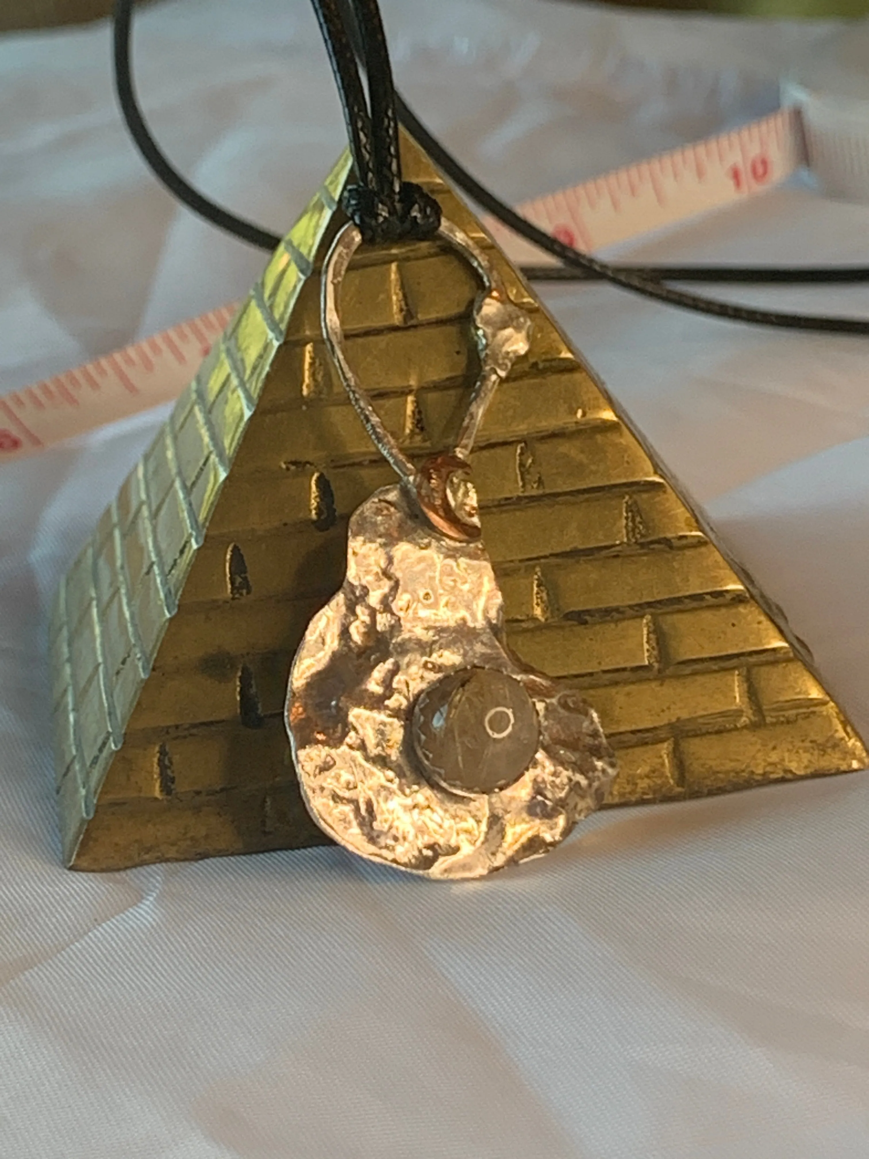 Rutilated Quartz Crystal Sterling Silver Abstract Pendant Crescent Moon Design