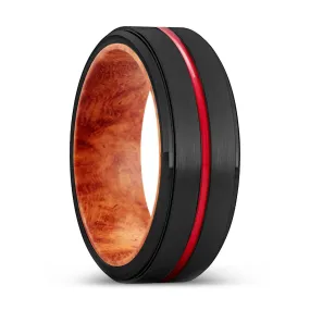 SAGE | Red Burl Wood, Black Tungsten Ring, Red Groove, Stepped Edge