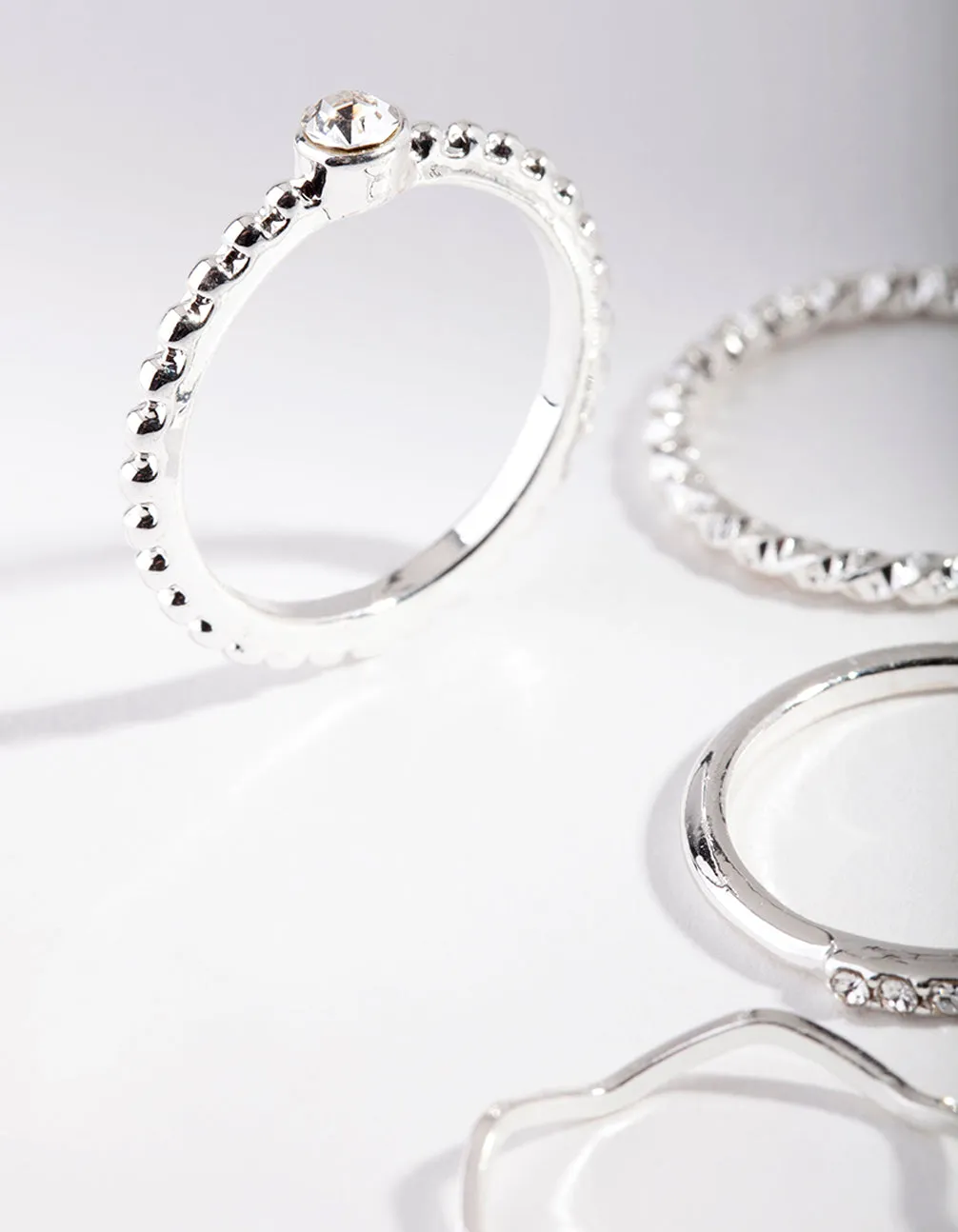 Silver Diamante Mixed Band Ring 6-Pack