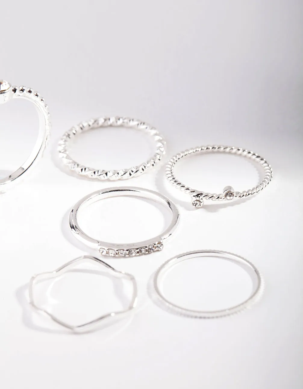 Silver Diamante Mixed Band Ring 6-Pack