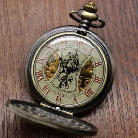 Steampunk Bronze Copper Mechanical Pocket Watch Skeleton Chain Roman Numbers Vintage Pendant Watches with 30cm Chain Gifts P839C