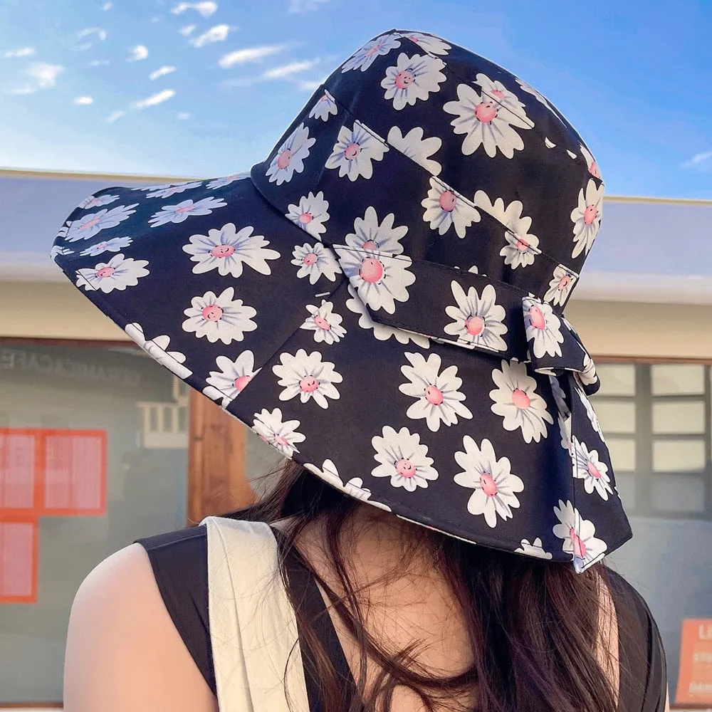 Summer Hats For Women Fashion Wide Brim Daisy Flower Print Design Sun Hat Sun Protection Travel Beach Bucket Hat