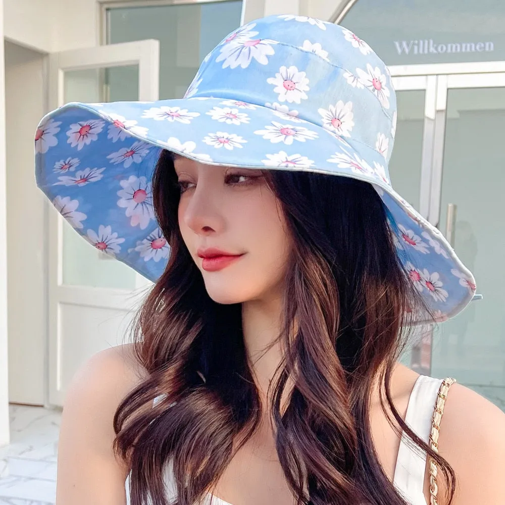 Summer Hats For Women Fashion Wide Brim Daisy Flower Print Design Sun Hat Sun Protection Travel Beach Bucket Hat