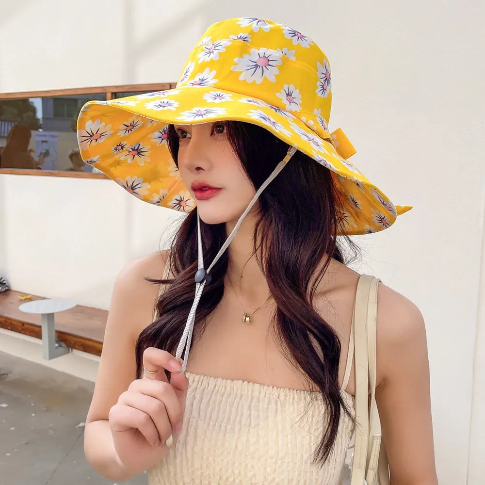 Summer Hats For Women Fashion Wide Brim Daisy Flower Print Design Sun Hat Sun Protection Travel Beach Bucket Hat