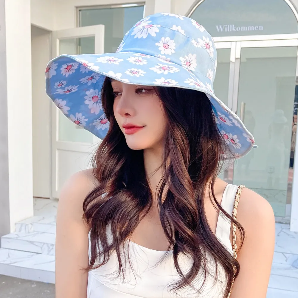 Summer Hats For Women Fashion Wide Brim Daisy Flower Print Design Sun Hat Sun Protection Travel Beach Bucket Hat