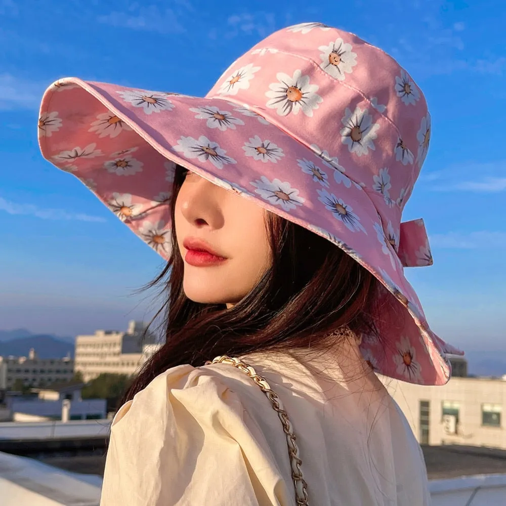 Summer Hats For Women Fashion Wide Brim Daisy Flower Print Design Sun Hat Sun Protection Travel Beach Bucket Hat