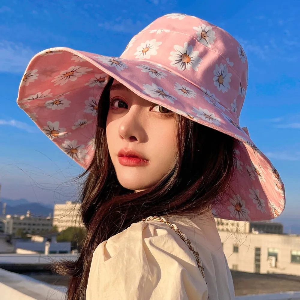 Summer Hats For Women Fashion Wide Brim Daisy Flower Print Design Sun Hat Sun Protection Travel Beach Bucket Hat